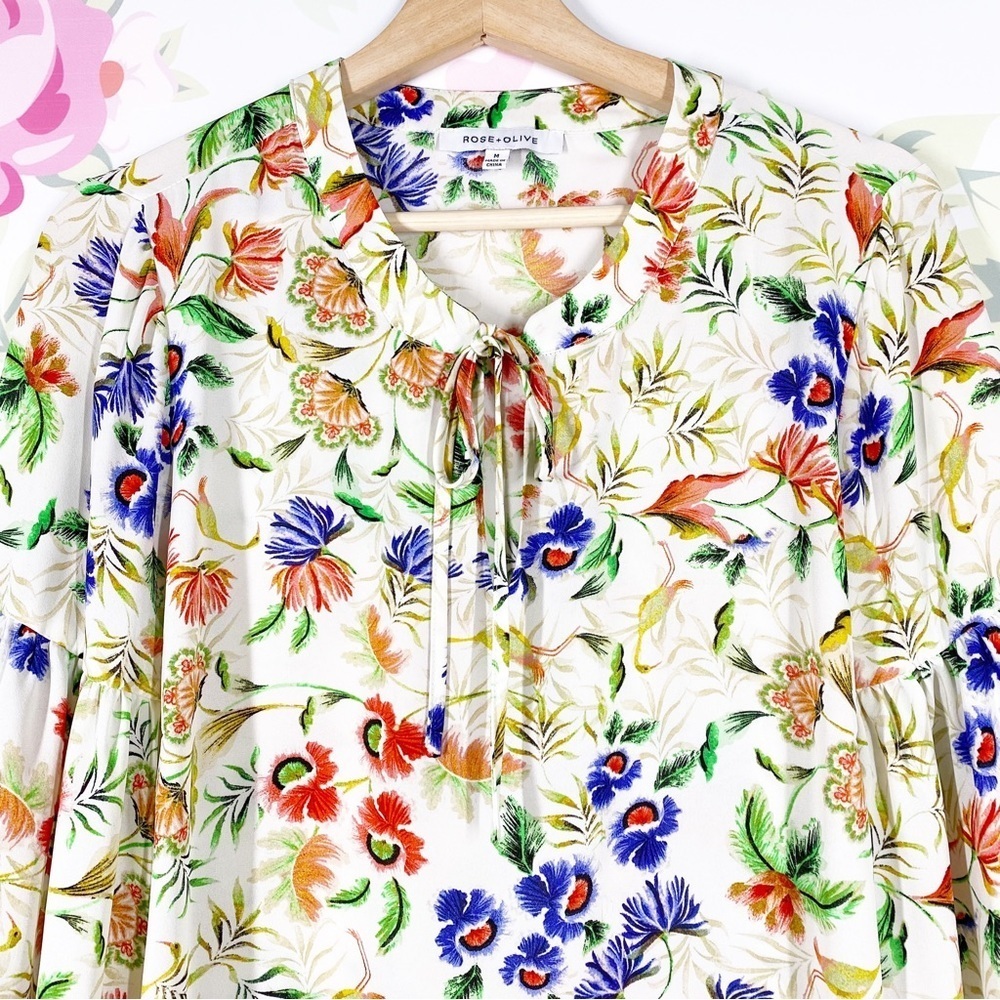 Rose & Olive Floral Print Tie Front Long Sleeves Blouse M - Picture 2 of 13